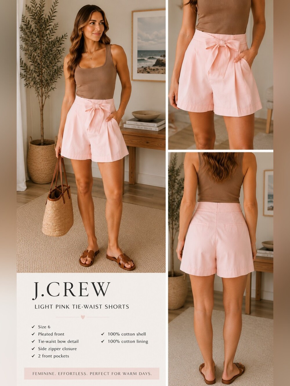 J.Crew Light Pink Tie-Waist Pleated Shorts Size 6 100% Cotton Bow Waist